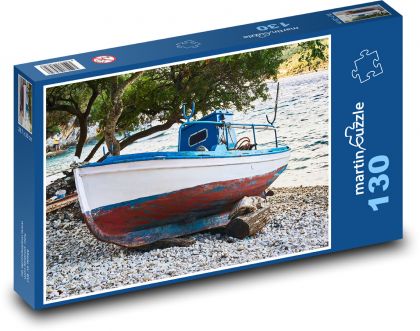 Grecja - łódź, plaża - Puzzle 130 elementów, rozmiar 28,7x20 cm