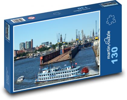 Žeriavy na lodi v prístave - Puzzle 130 dielikov, rozmer 28,7x20 cm 