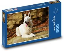 Bílý pes na skále, švýcarský ovčák Puzzle 500 dílků - 46 x 30 cm