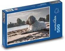Letnia kontemplacja nad wodą, pies Goldendoodle Puzzle 500 elementów - 46x30 cm