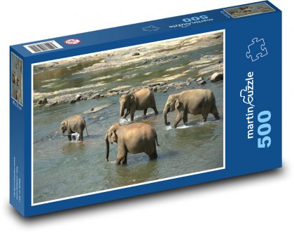 Elephant herd wading the river - Puzzle of 500 pieces, size 46x30 cm 