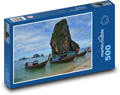 Thajská pláž s tradičními loděmi - puzzle 500 dílků