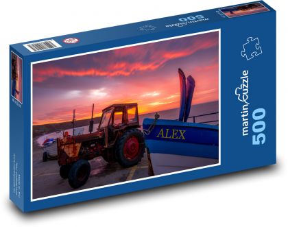 Wschód słońca, łódka, traktor - Puzzle 500 elementów, rozmiar 46x30 cm