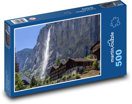 Švajčiarsko - vodopád, Alpy - Puzzle 500 dielikov, rozmer 46x30 cm 