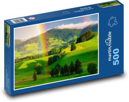 Zelené kopce s duhou - puzzle 500 dílků