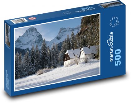 Zimní krajina - hory, dům - Puzzle 500 dílků, rozměr 46x30 cm