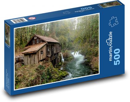 Dřevěný dům, řeka, les - Puzzle 500 dílků, rozměr 46x30 cm