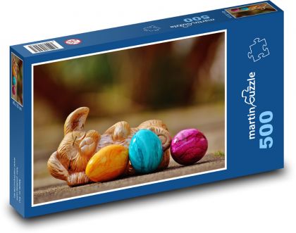 Velikonoční dekorace - zajíček, vajíčka - Puzzle 500 dílků, rozměr 46x30 cm