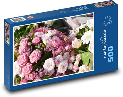 Růžové růže - kytice, květiny - Puzzle 500 dílků, rozměr 46x30 cm