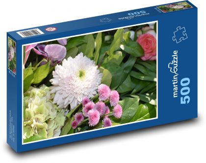 Hortenzie - chryzantéma, kytice - Puzzle 500 dílků, rozměr 46x30 cm