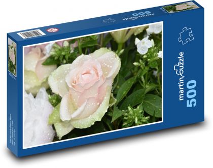 Růžová růže - kapky vody, květina - Puzzle 500 dílků, rozměr 46x30 cm
