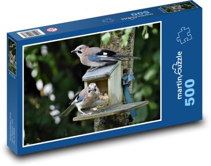Sójki - ptaki, karmnik - Puzzle 500 elementów, rozmiar 46x30 cm