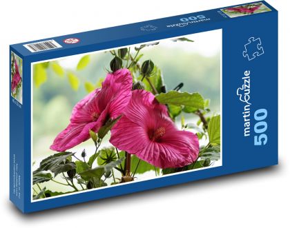 Ibišek - růžový květ, zahrada - Puzzle 500 dílků, rozměr 46x30 cm