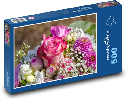 Kytice růží - růžový květ, dárek - Puzzle 500 dílků, rozměr 46x30 cm