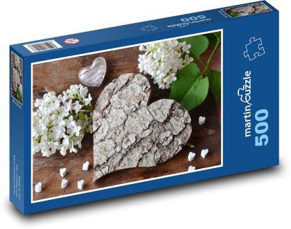 Serce - drewno, liliowy - Puzzle 500 elementów, rozmiar 46x30 cm