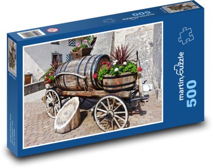 Drevený vozík - dekorácia, farma - Puzzle 500 dielikov, rozmer 46x30 cm 