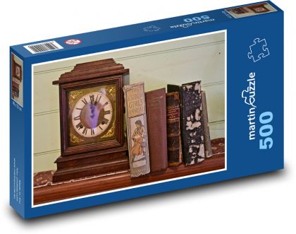 Drevené hodiny - knihy, starožitné - Puzzle 500 dielikov, rozmer 46x30 cm 