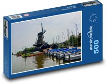 Větrný mlýn - lodě, molo Puzzle 500 dílků - 46 x 30 cm