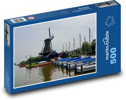 Větrný mlýn - lodě, molo - puzzle 500 dílků