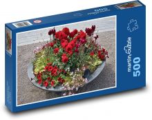 Červené kvety - dekorácia v hrnci, záhrada Puzzle 500 dielikov - 46 x 30 cm