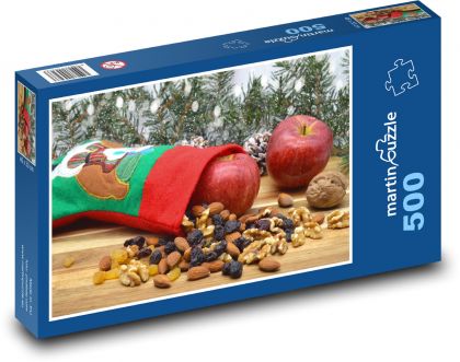 Vánoční punčocha - dekorace, ořechy - Puzzle 500 dílků, rozměr 46x30 cm