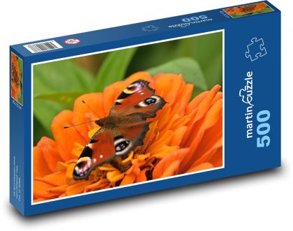 Motýl - paví očko, květ - Puzzle 500 dílků, rozměr 46x30 cm
