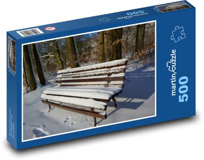 Lavička - sníh, zima - Puzzle 500 dílků, rozměr 46x30 cm