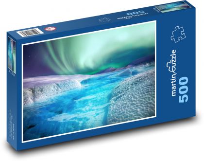 Zorza polarna - nocne niebo, śnieg - Puzzle 500 elementów, rozmiar 46x30 cm