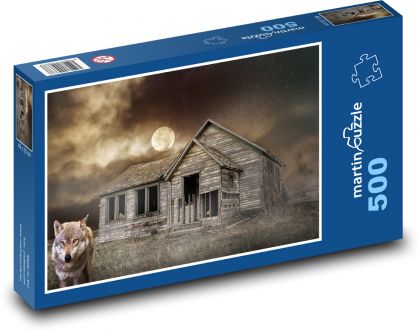 Altes Haus - Wolf, Mond - Puzzle - 500 Teile