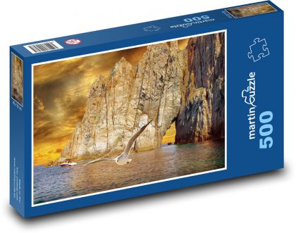 Skaly v mori - čajka, loď - Puzzle 500 dielikov, rozmer 46x30 cm 