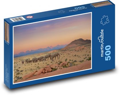 Sloni - západ slunce, krajina  - puzzle 500 dílků