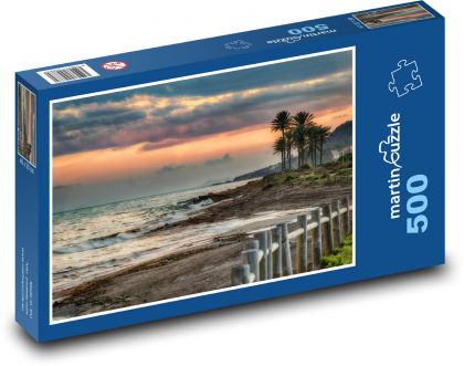 Západ slunce na pláži - moře, palmy - puzzle 500 dílků