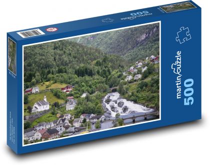 Norsko - řeka, domy - Puzzle 500 dílků, rozměr 46x30 cm