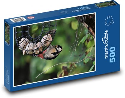 Dzięcioł przy karmniku - ptak, zwierzę - Puzzle 500 elementów, rozmiar 46x30 cm