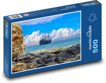 Skalnaté pobřeží - moře, loď - Puzzle 500 dílků, rozměr 46x30 cm