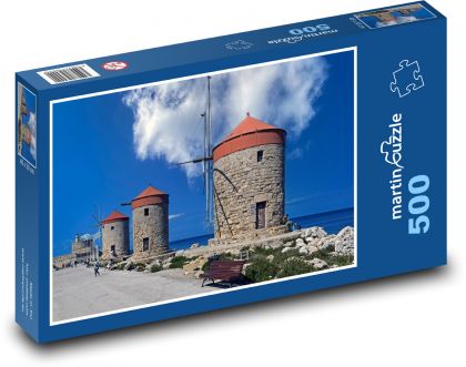 Větrné mlýny - architektura, moře - Puzzle 500 dílků, rozměr 46x30 cm