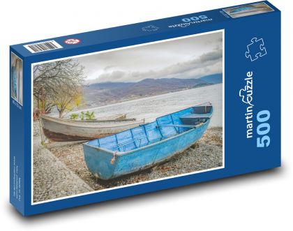 Jezero Ohrid - lodě na pláži, zima - Puzzle 500 dílků, rozměr 46x30 cm