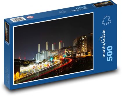 Železnice - elektrárna, noc - Puzzle 500 dílků, rozměr 46x30 cm