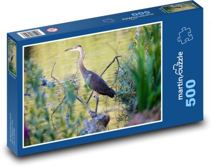 Czapla niebieska - trzciny, woda - Puzzle 500 elementów, rozmiar 46x30 cm