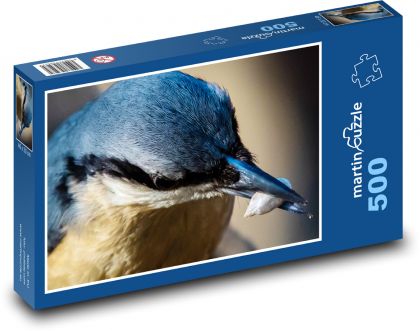 Brhlík modrý - pták zblízka, jídlo - Puzzle 500 dílků, rozměr 46x30 cm