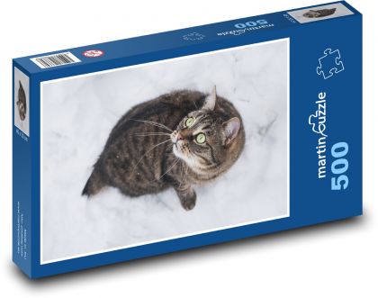 Kočka ve sněhu - domácí mazlíček, zima - Puzzle 500 dílků, rozměr 46x30 cm