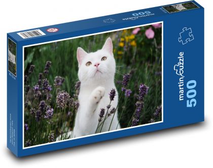 Britská krátkosrstá kočka - bílá, zahrada - Puzzle 500 dílků, rozměr 46x30 cm