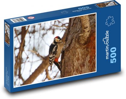 Datel na stromě - pták, peří - Puzzle 500 dílků, rozměr 46x30 cm