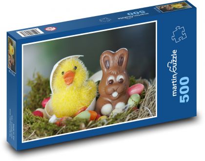 Velikonoční hnízdo - kuře, zajíc - Puzzle 500 dílků, rozměr 46x30 cm