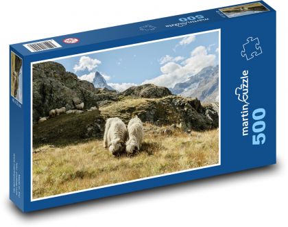 Walliserská černonosá ovce - hory, pastvina - Puzzle 500 dílků, rozměr 46x30 cm