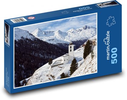 Zimní krajina - zasněžené hory, kostel - Puzzle 500 dílků, rozměr 46x30 cm