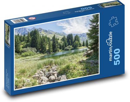 Švýcarské jezero - hory, stromy - Puzzle 500 dílků, rozměr 46x30 cm