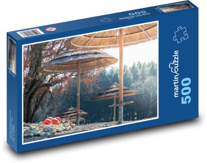 Slaměné deštníky - pláž, léto - puzzle 500 dílků