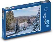 Dům v lese - zima, vlak Puzzle 500 dílků - 46 x 30 cm