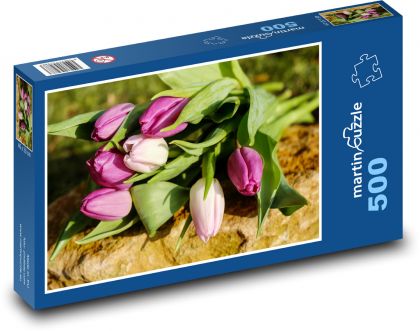 Tulipány - jarní kytice, růžové květy - puzzle 500 dílků